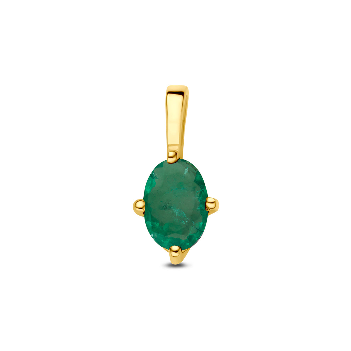 Vooraanzicht van de 14 karaat geelgouden hanger met ovale smaragd, 11,5 mm hoog en 5,5 mm breed.