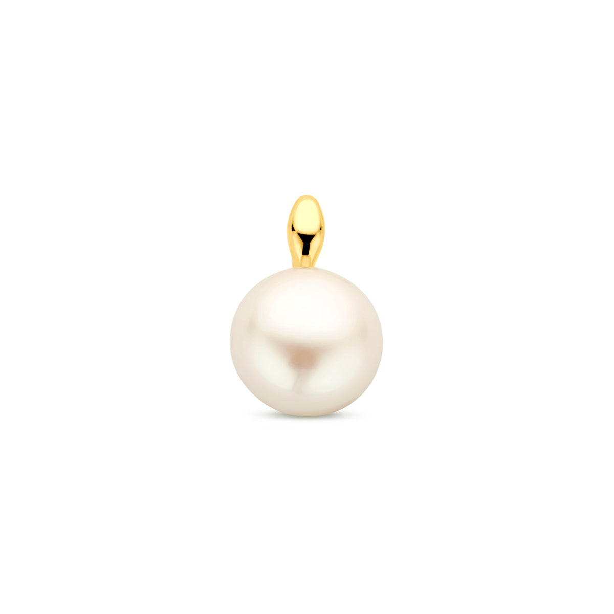 Vooraanzicht van de 14 karaat geelgouden hanger met parel, 12 mm hoog.