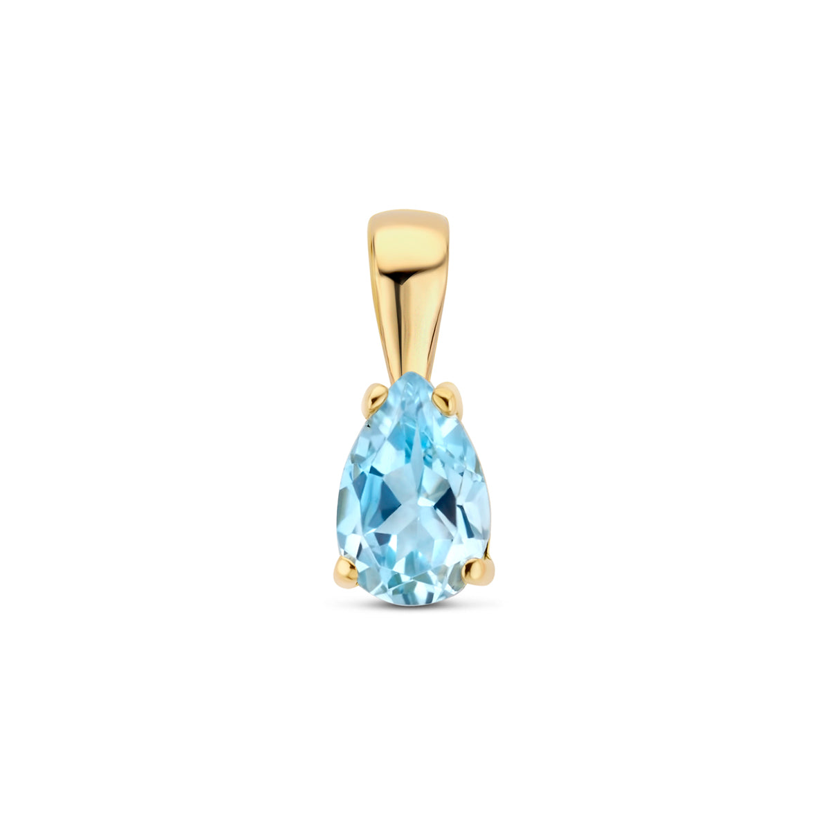 Vooraanzicht van de 14 karaat geelgouden hanger met peervormige blauwe topaas, 11 mm hoog en 4 mm breed.