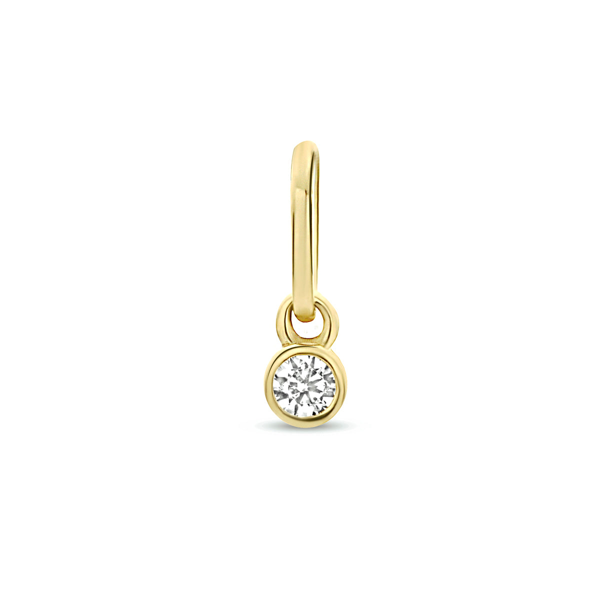 Vooraanzicht van de 14 karaat geelgouden hanger met steentje, 7 mm hoog en 2 mm breed.