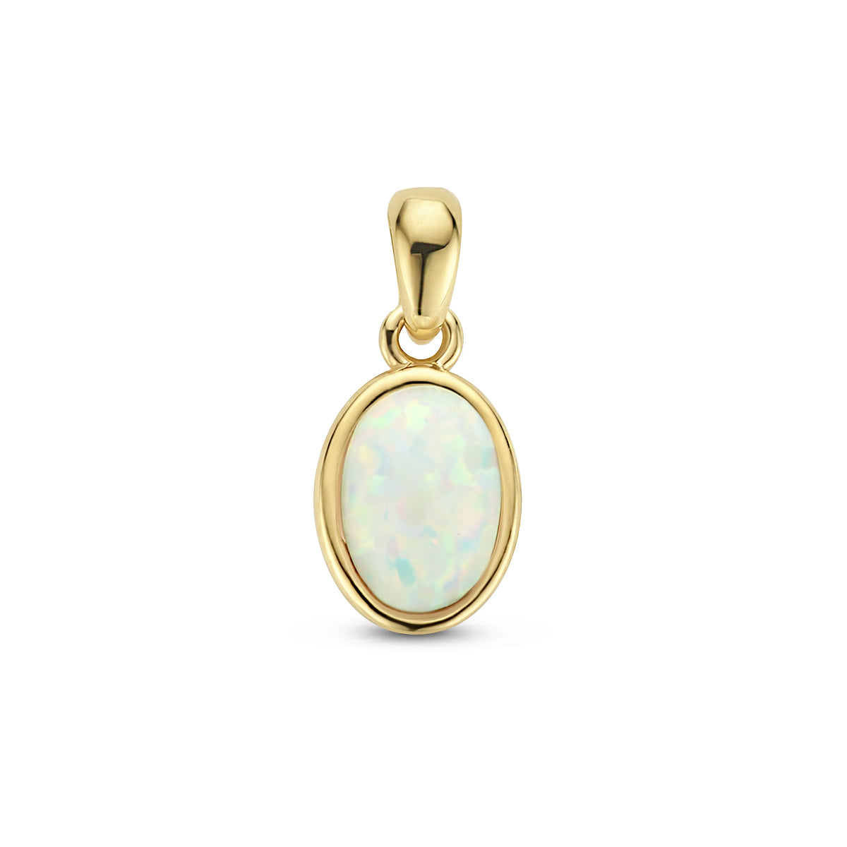 Vooraanzicht van de 14 karaat geelgouden hanger met witte opaal, 14 mm hoog en 6,5 mm breed.