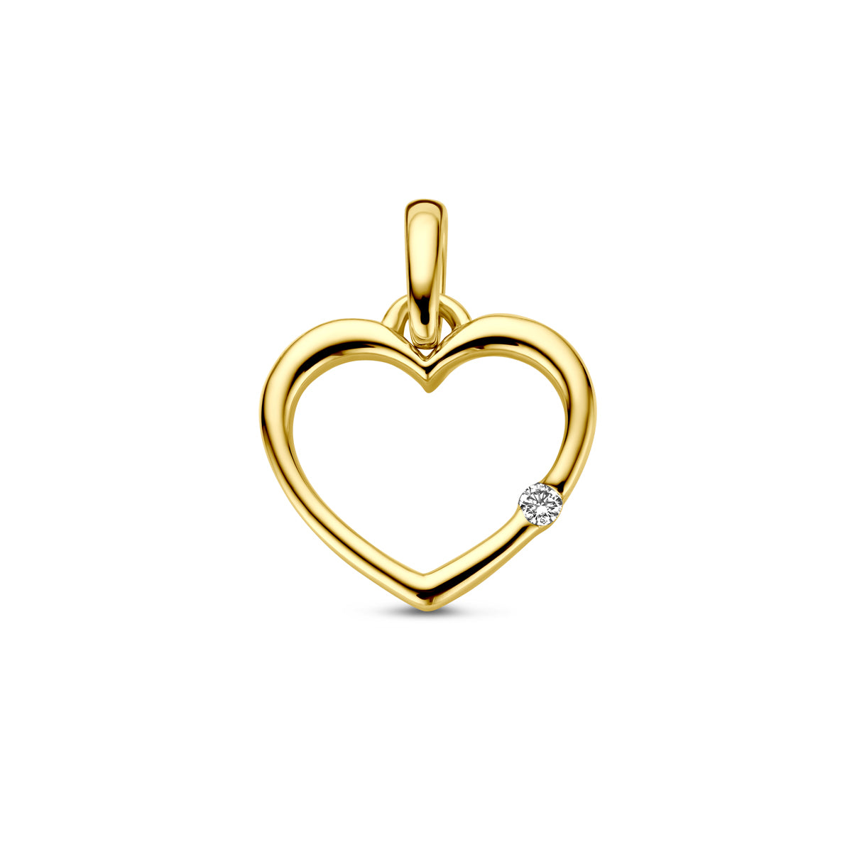 Vooraanzicht van de 14 karaat geelgouden hanger open hart diamant 0,01 ct, 10,5 mm hoog en 11 mm breed.