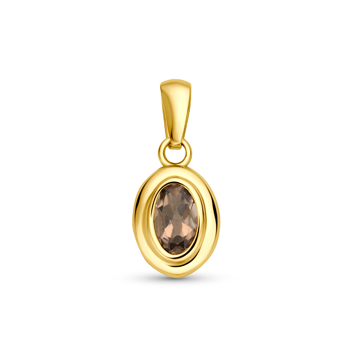 Gouden hanger met edelsteen: vooraanzicht van de 14 karaat geelgouden hanger met ovale rookkwarts.