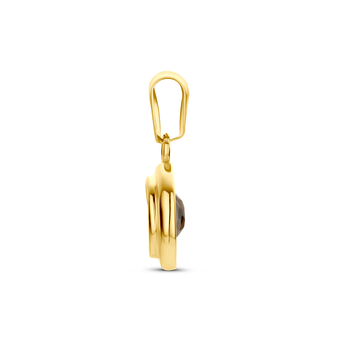 Gouden hanger met edelsteen: zijaanzicht van de 14 karaat geelgouden hanger met ovale rookkwarts.