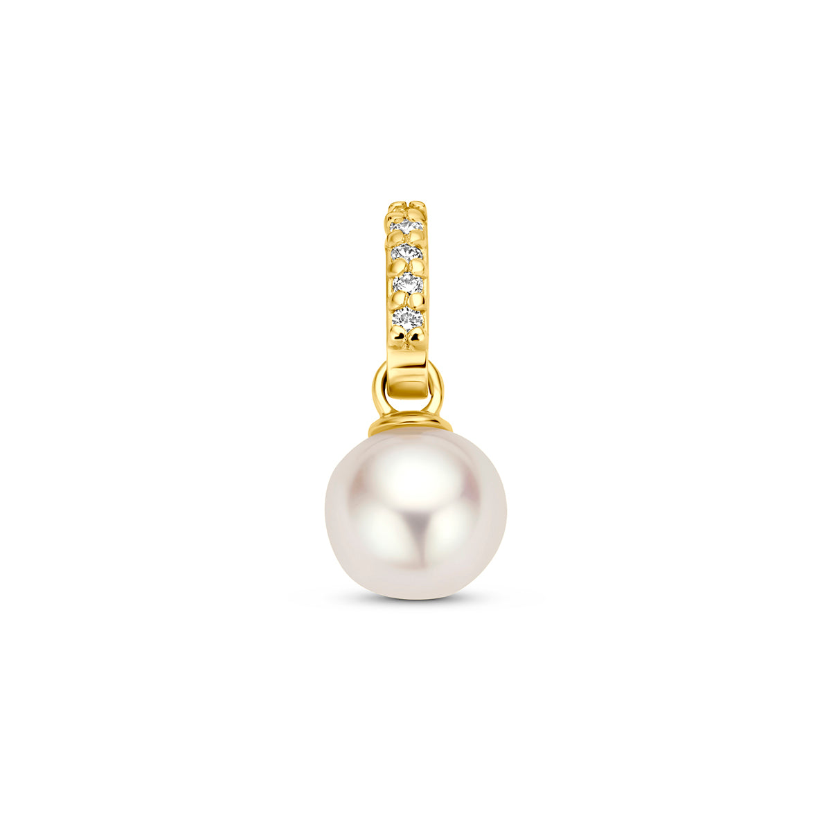 Gouden hanger met parel: vooraanzicht van de 14 karaat geelgouden hanger met parel en diamant 0,02 ct.