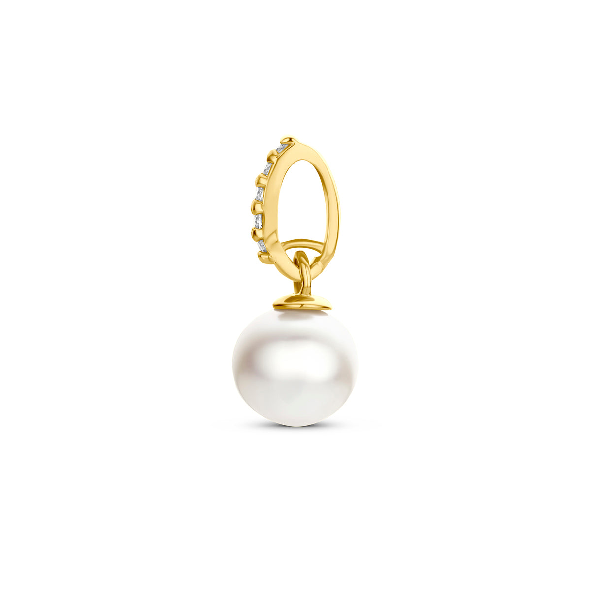 Gouden hanger met parel: zijaanzicht van de 14 karaat geelgouden hanger met parel en diamant 0,02 ct.