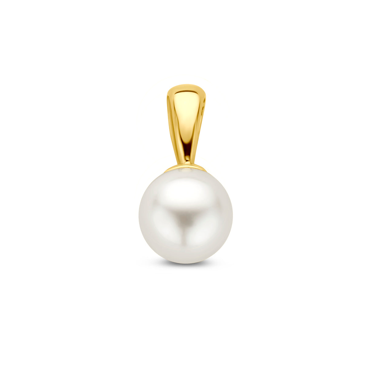 Vooraanzicht van de 14 karaat geelgouden hanger parel, 12 mm hoog en 5,5 mm breed.