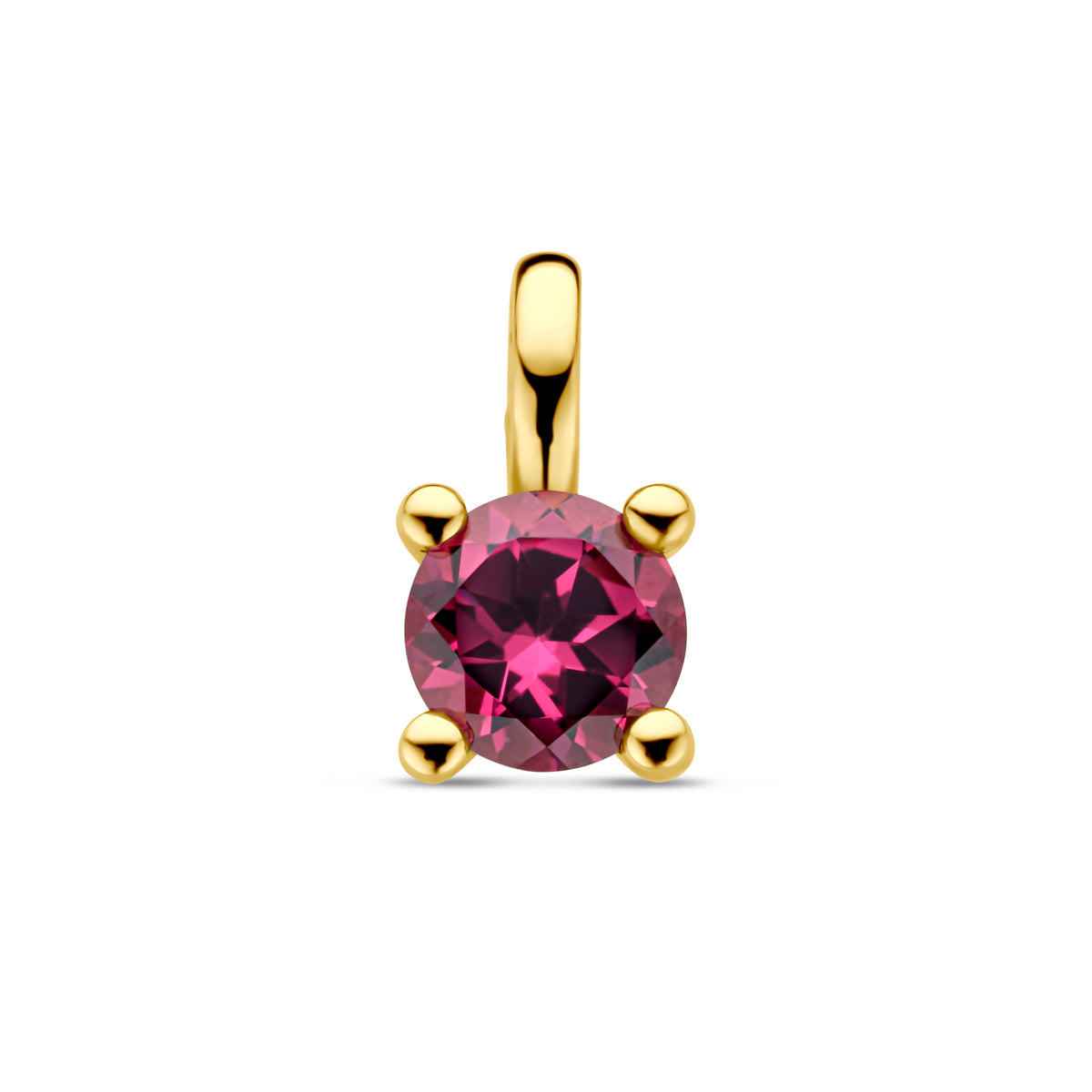 Vooraanzicht van de 14 karaat geelgouden hanger met rhodoliet, 9,5 mm hoog en 5 mm breed.