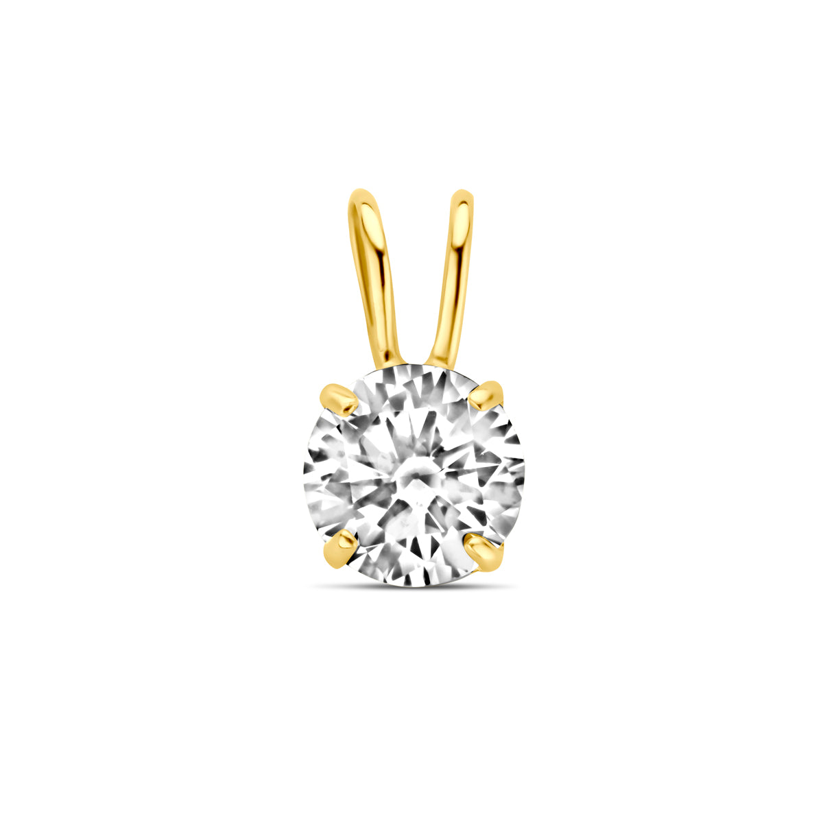 Vooraanzicht van de 14 karaat geelgouden hanger zirkonia, 9 mm hoog en 5 mm breed.
