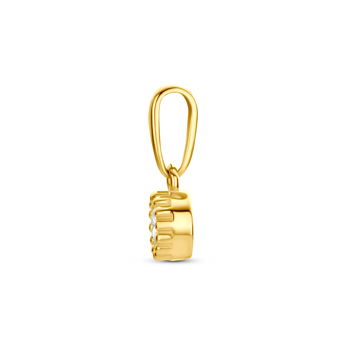 Gouden hanger met zirkonia: zijaanzicht van de 14 karaat geelgouden hanger met zirkonia.