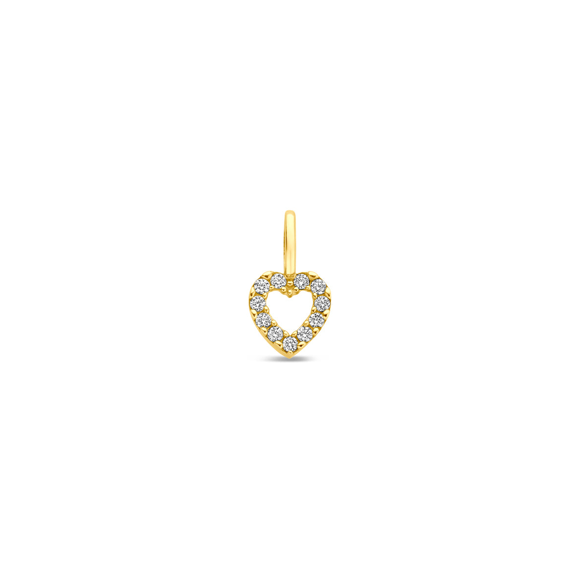Vooraanzicht van de 14 karaat geelgouden hartje hanger met zirkonia, 10,5 mm hoog en 6 mm breed.