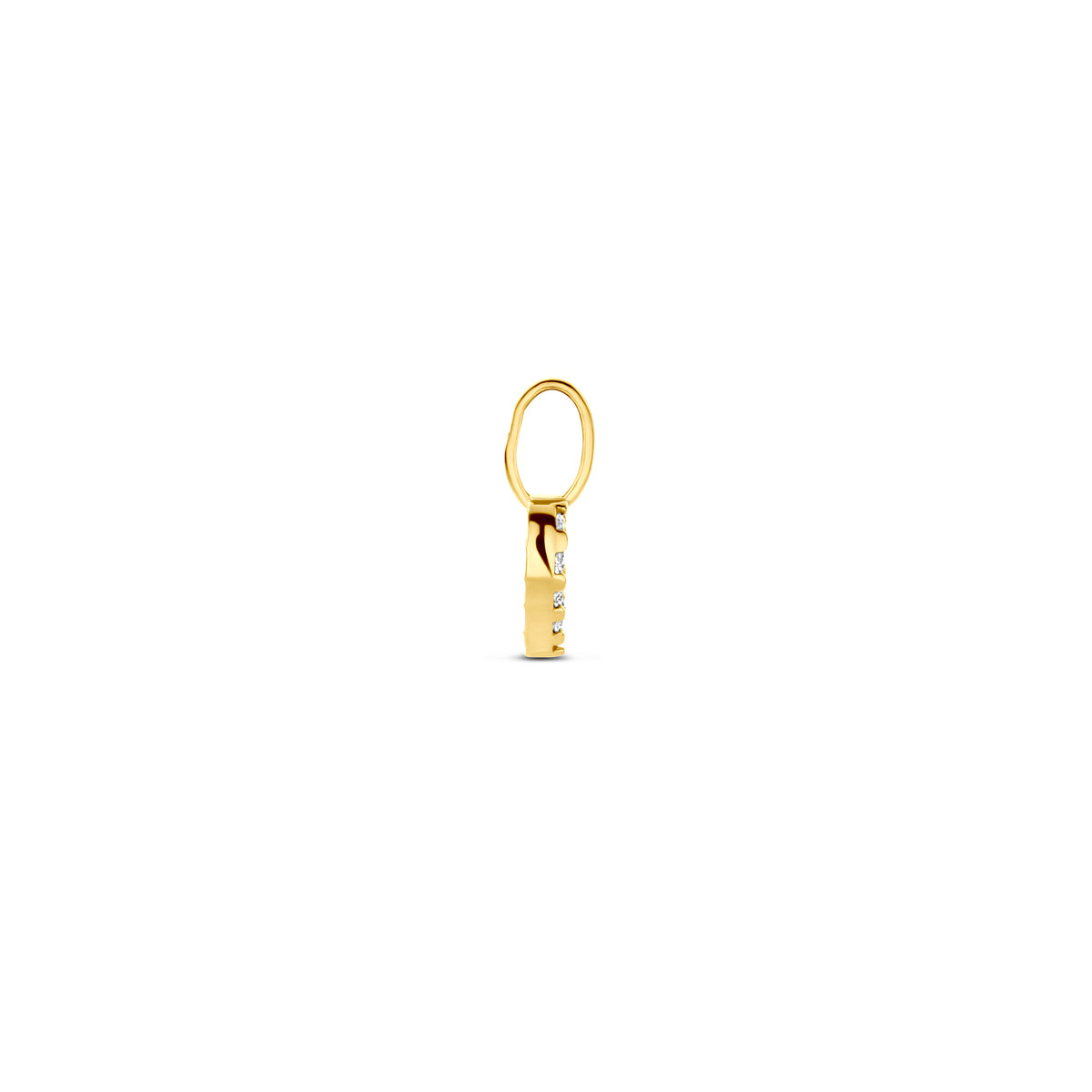 Zijaanzicht van de 14 karaat geelgouden hartje hanger met zirkonia, zodat de diepte van de hanger zichtbaar is.