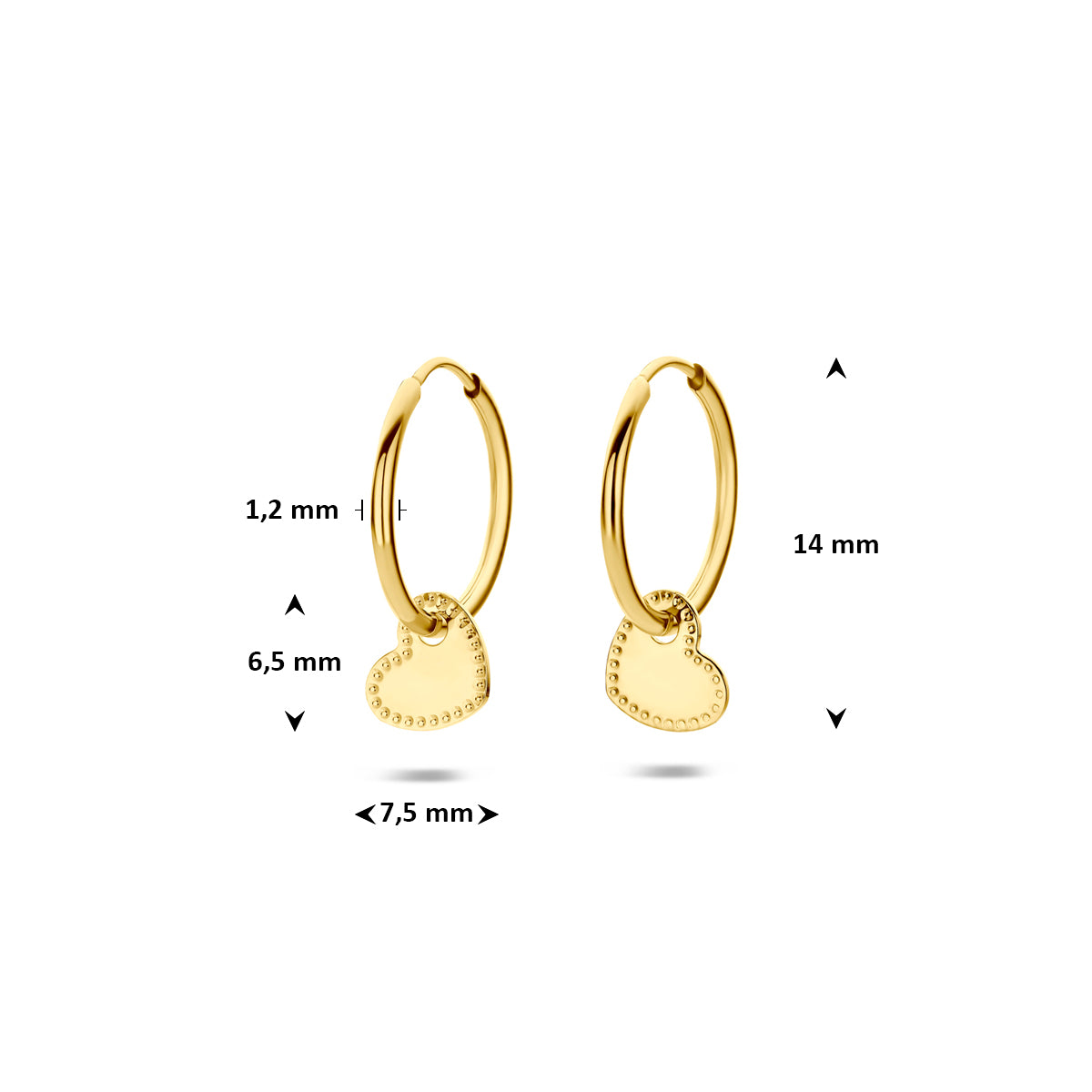 Technische afbeelding van de 14 karaat geelgouden hartjes oorringen met afmetingen, 14 mm hoog en 7,5 mm breed.