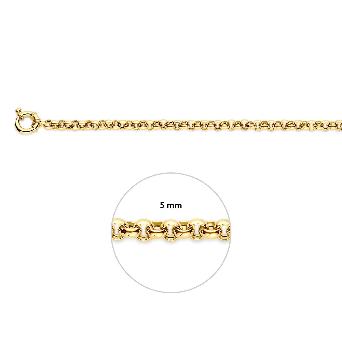 Gouden jasseron armband: 14 karaat geelgouden jasseron armband met groot veerslot, met de schakelbreedte van 5,0 mm aangegeven