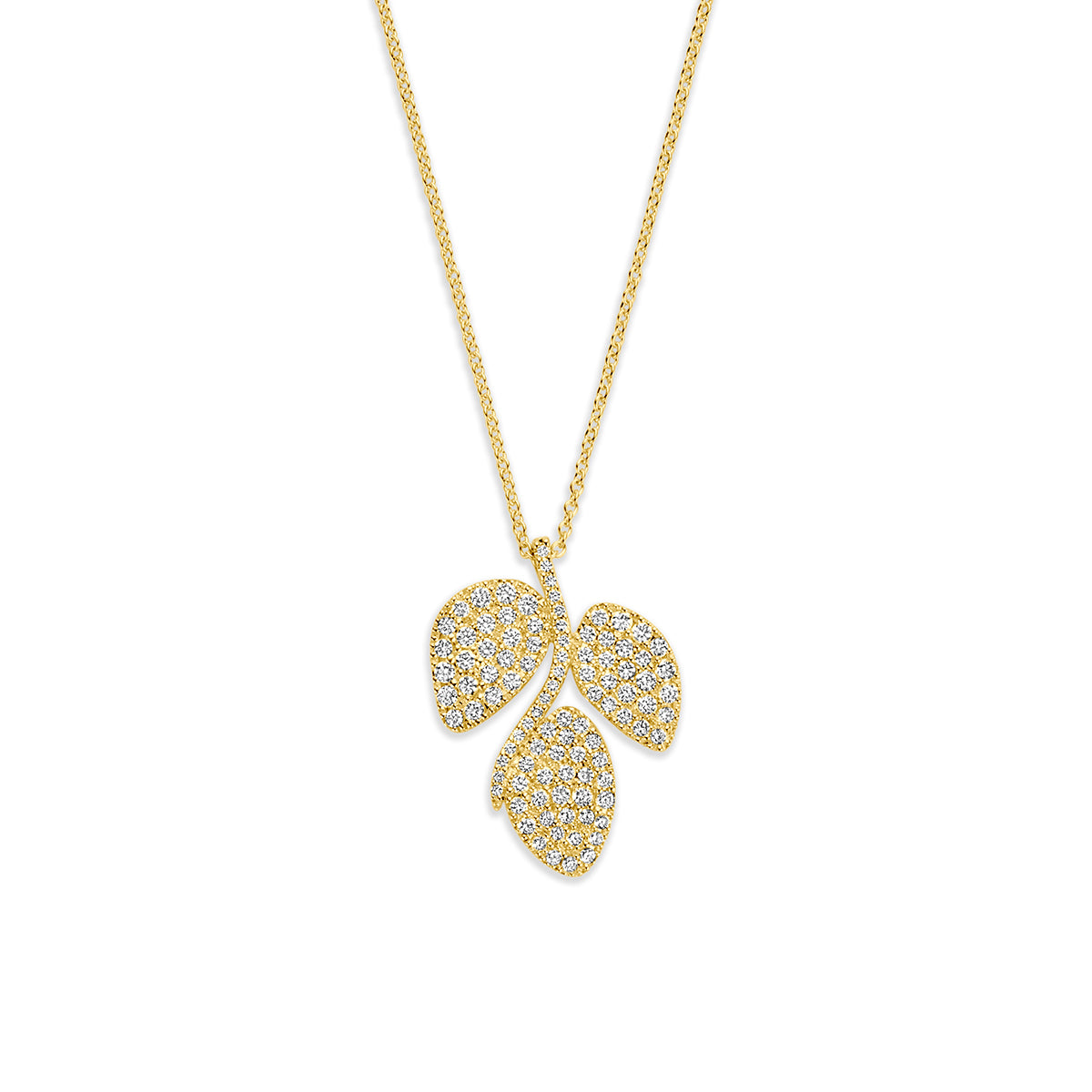 Gouden ketting met diamant: vooraanzicht van de 14 karaat geelgouden ketting met blaadjes en diamant 0,60 ct.