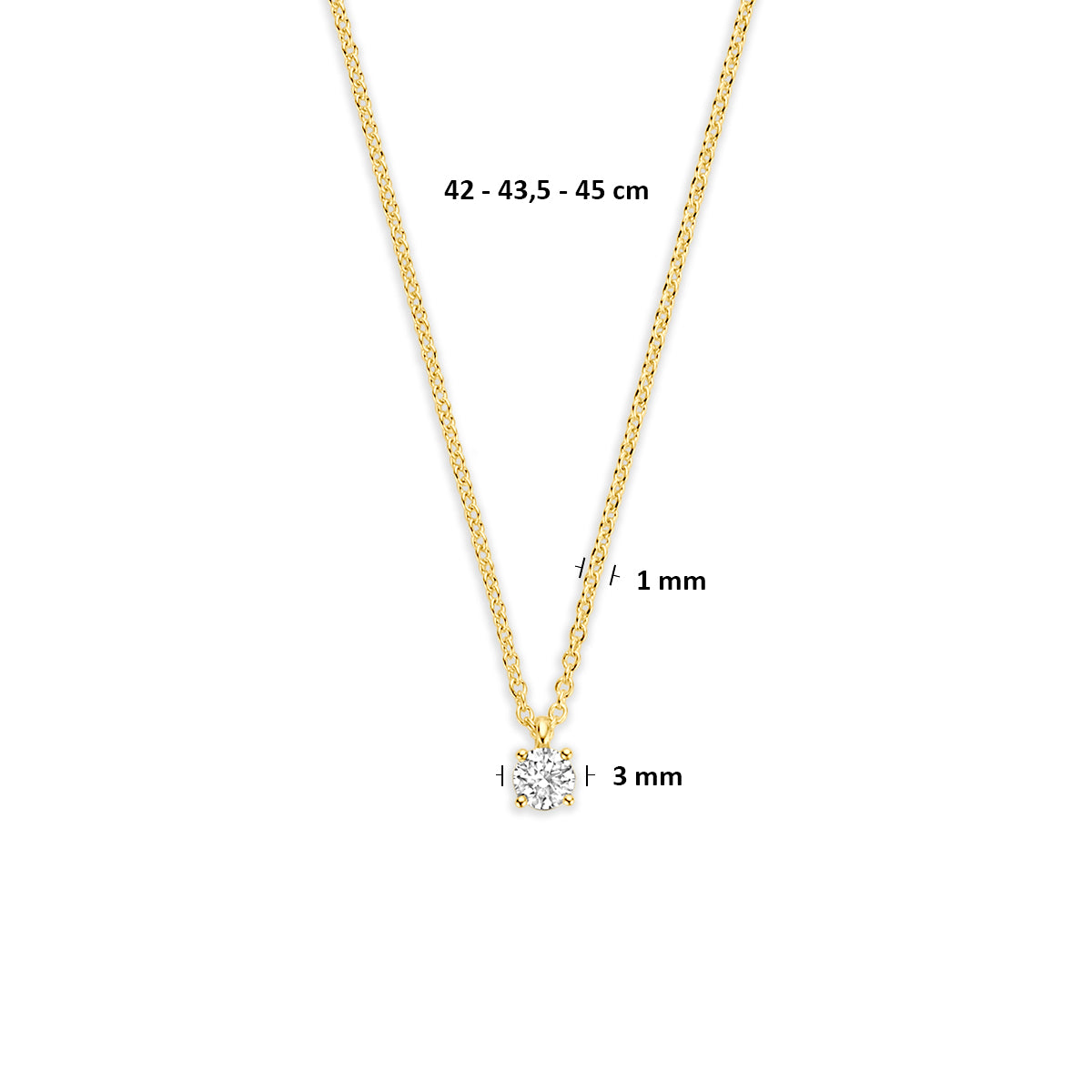 Gouden ketting met diamant: afmetingen van de 14 karaat geelgouden ketting met diamant 0,10 ct, lengte 42 - 43,5 - 45 cm (verstelbaar).
