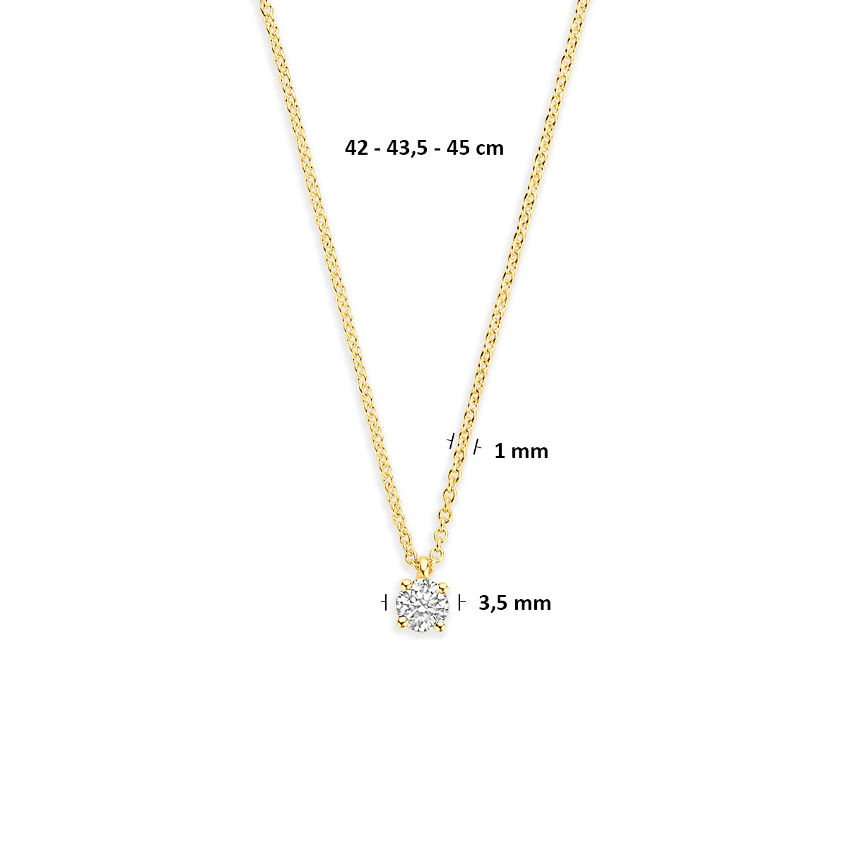 Gouden ketting met diamant: afmetingen van de 14 karaat geelgouden ketting met diamant 0,15 ct, lengte 42 - 43,5 - 45 cm (verstelbaar).