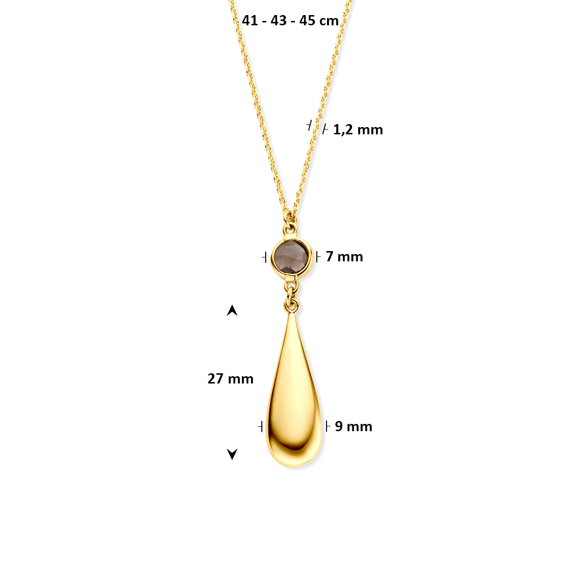 Rookkwarts ketting: afmetingen van de 14 karaat geelgouden ketting met druppel en rookkwarts, hanger van 27,0 mm en lengte 41 - 43 - 45 cm (verstelbaar).