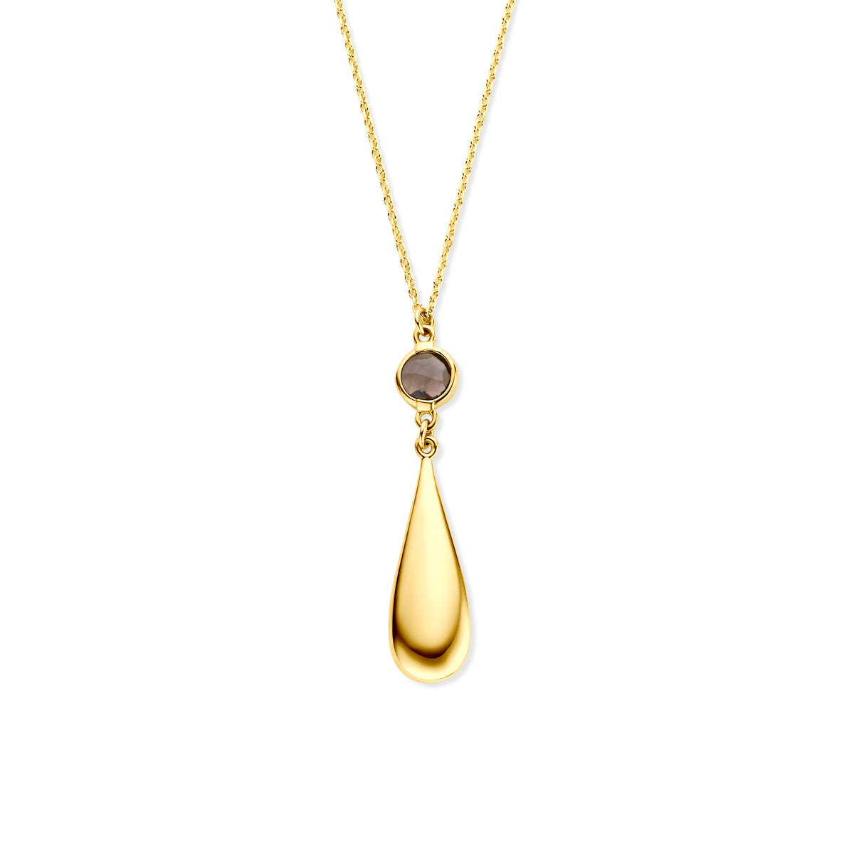 Rookkwarts ketting: vooraanzicht van de 14 karaat geelgouden ketting met druppel en rookkwarts.