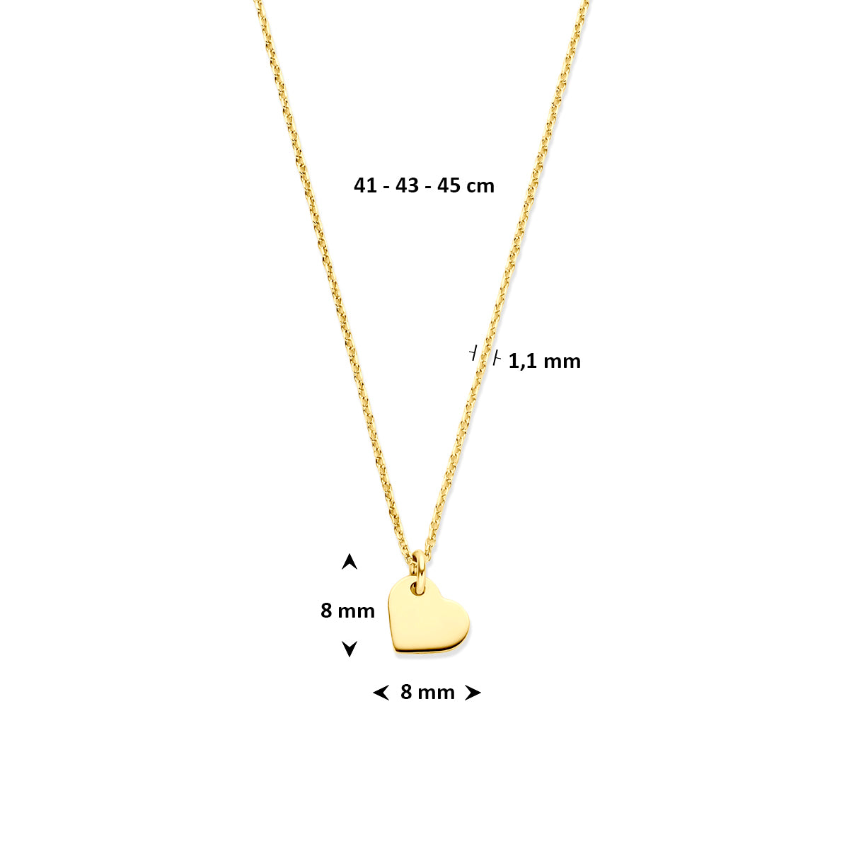Gouden ketting met hartje: afmetingen van de 14 karaat geelgouden ketting met hartje, hanger van 8,0 mm en lengte 41 - 43 - 45 cm (verstelbaar).