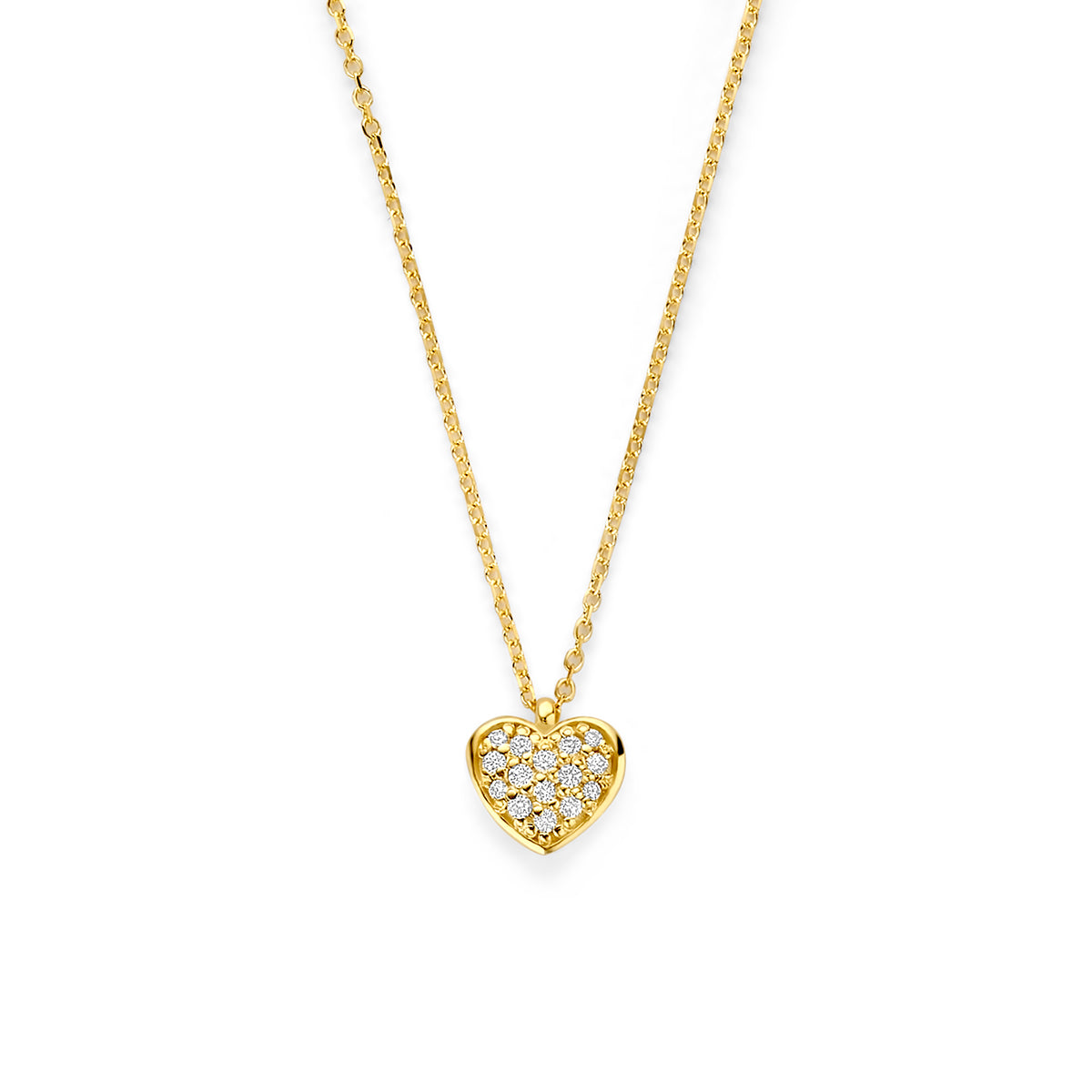Vooraanzicht van de 14 karaat geelgouden ketting hartje diamant 0,11 ct, 41 cm lang met verlengstuk tot 45 cm.