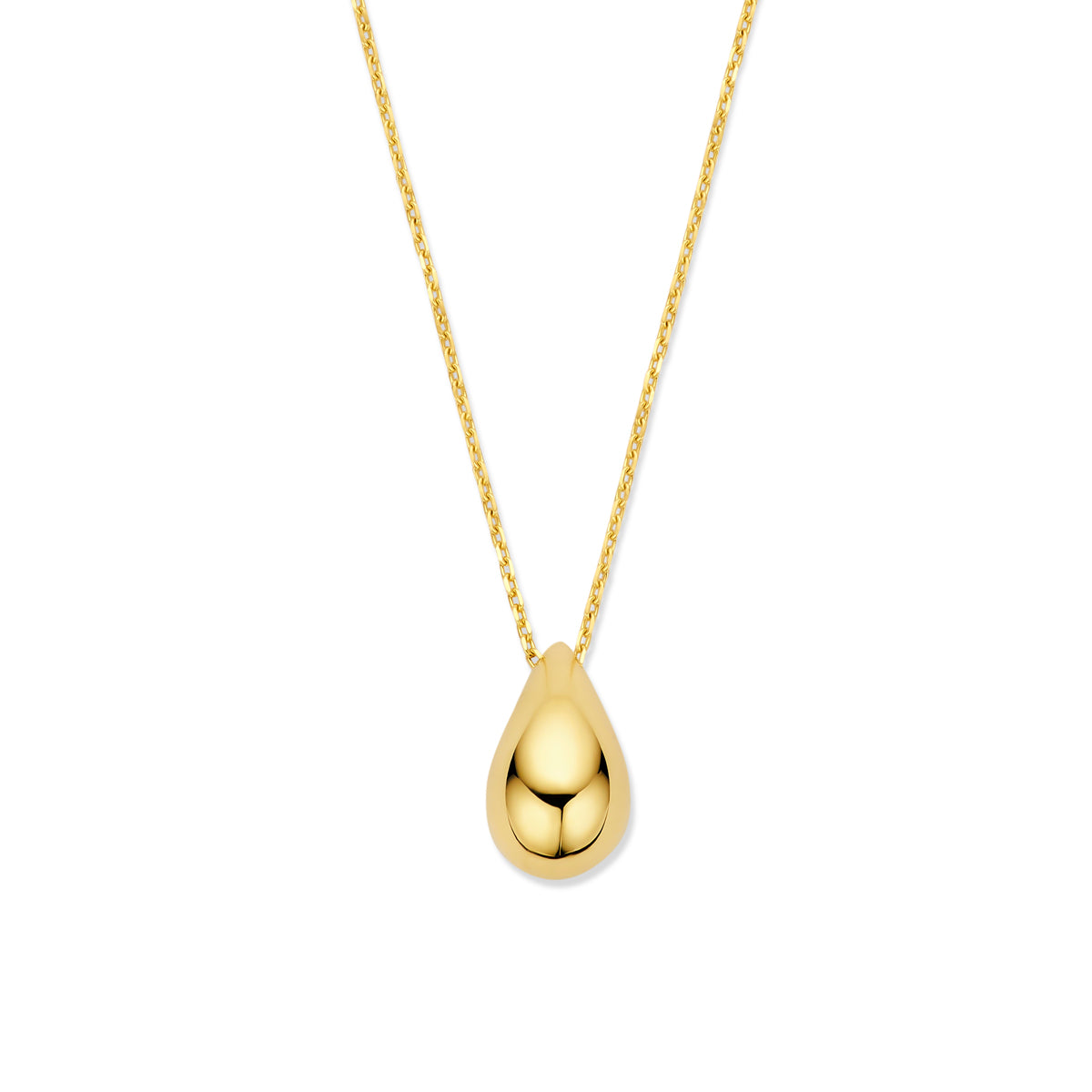 Vooraanzicht van de 14 karaat geelgouden ketting met druppel hanger, 15 mm hoog en 8,5 mm breed.