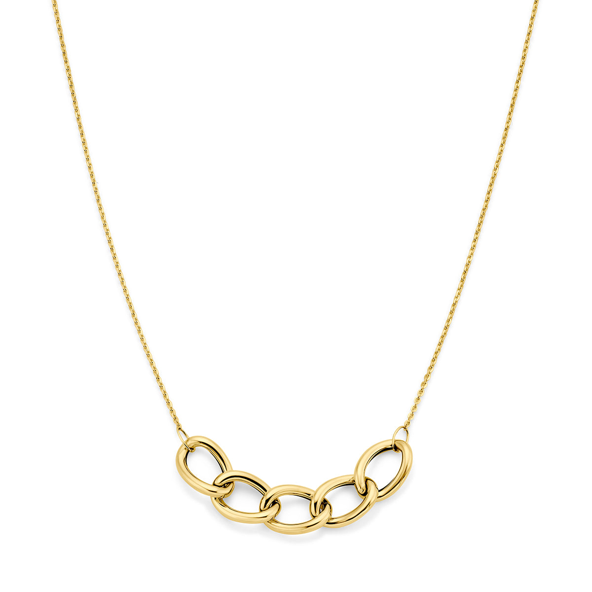 Gouden collier: vooraanzicht van de 14 karaat geelgouden ketting met schakelmiddenstuk.