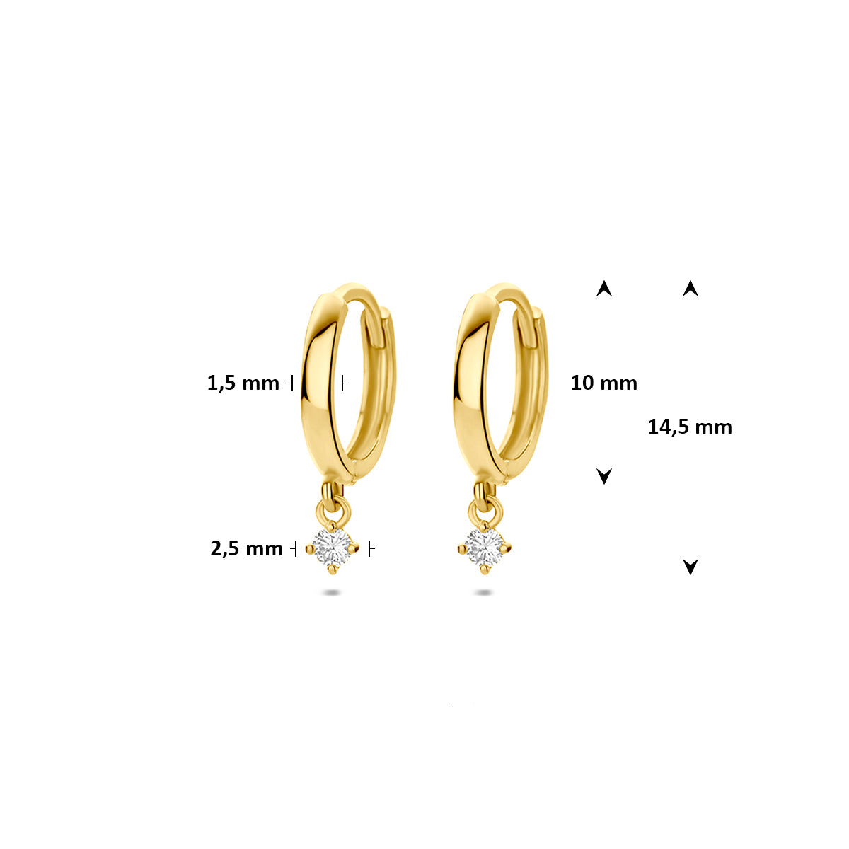 Gouden oorringen met diamant: afmetingen van de 14 karaat geelgouden klapoorringen met diamant 0,06 ct, 14,5 mm hoog en 10,0 mm doorsnee.
