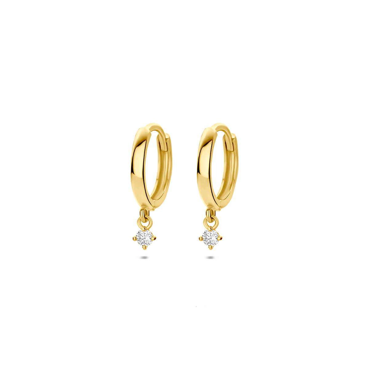 Gouden oorringen met diamant: vooraanzicht van de 14 karaat geelgouden klapoorringen met diamant 0,06 ct.