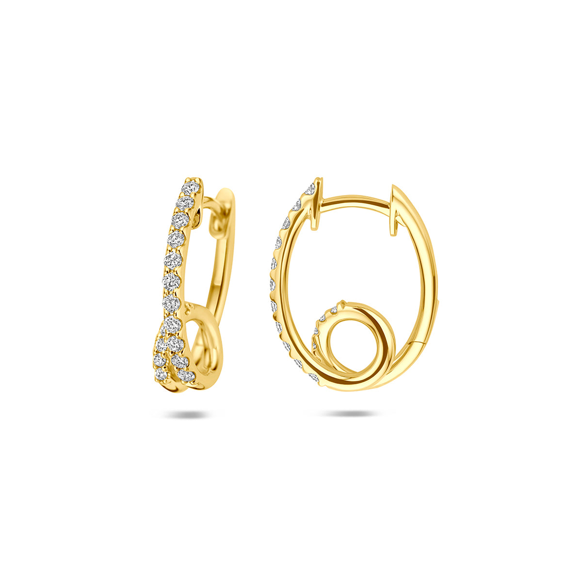 Gouden oorringen met diamant: voor- en zijaanzicht van de 14 karaat geelgouden klapoorringen met diamant 0,32 ct.