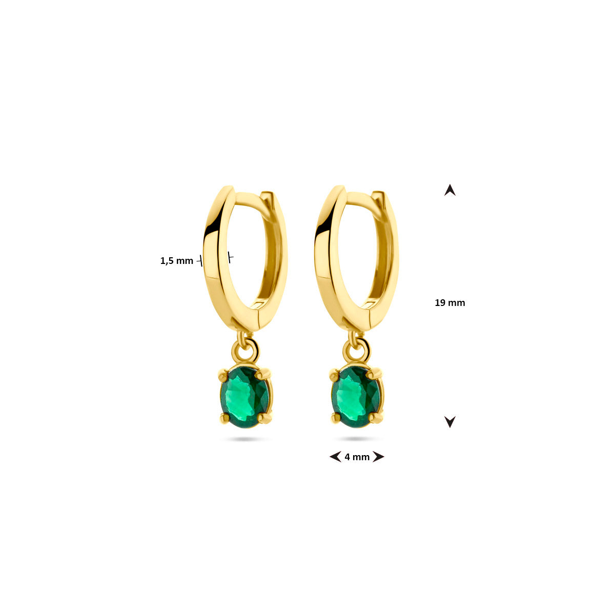 Technische afbeelding van de 14 karaat geelgouden klapoorringen met smaragd met afmetingen, 19 mm hoog en 1,5 mm breed.