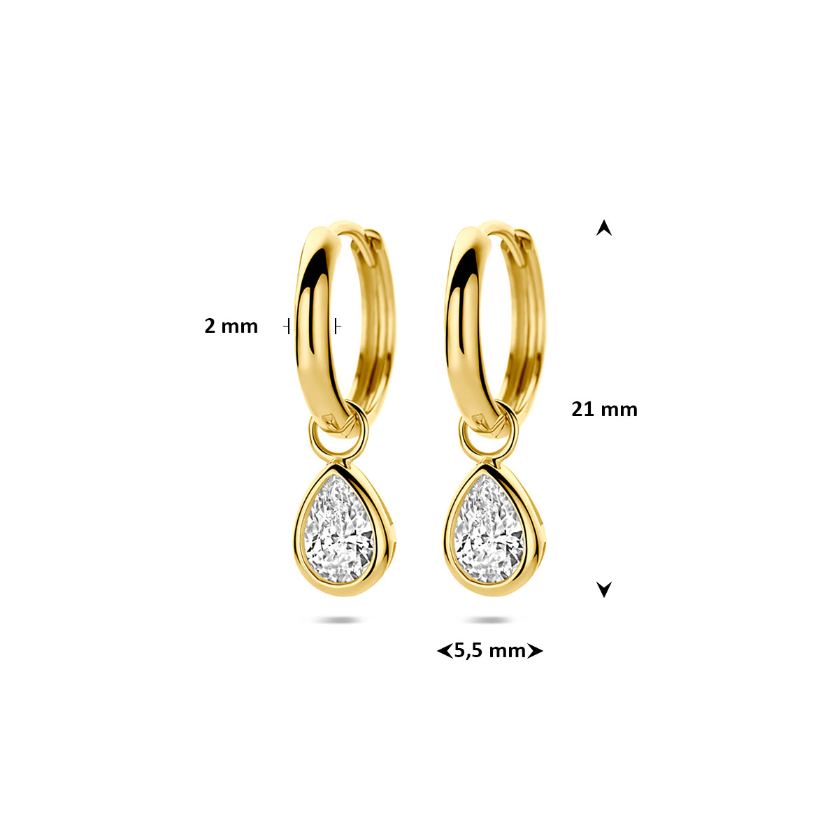 Technische afbeelding van de 14 karaat geelgouden klapoorringen met zirkonia met afmetingen, 21 mm hoog en 5,5 mm breed.