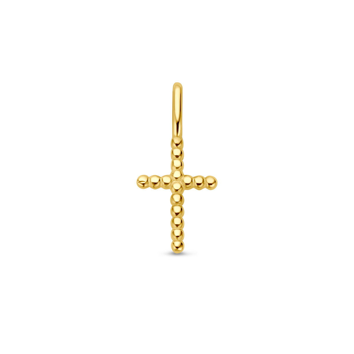Vooraanzicht van de 14 karaat geelgouden kruis hanger van bolletjes, 13,5 mm hoog en 6 mm breed.