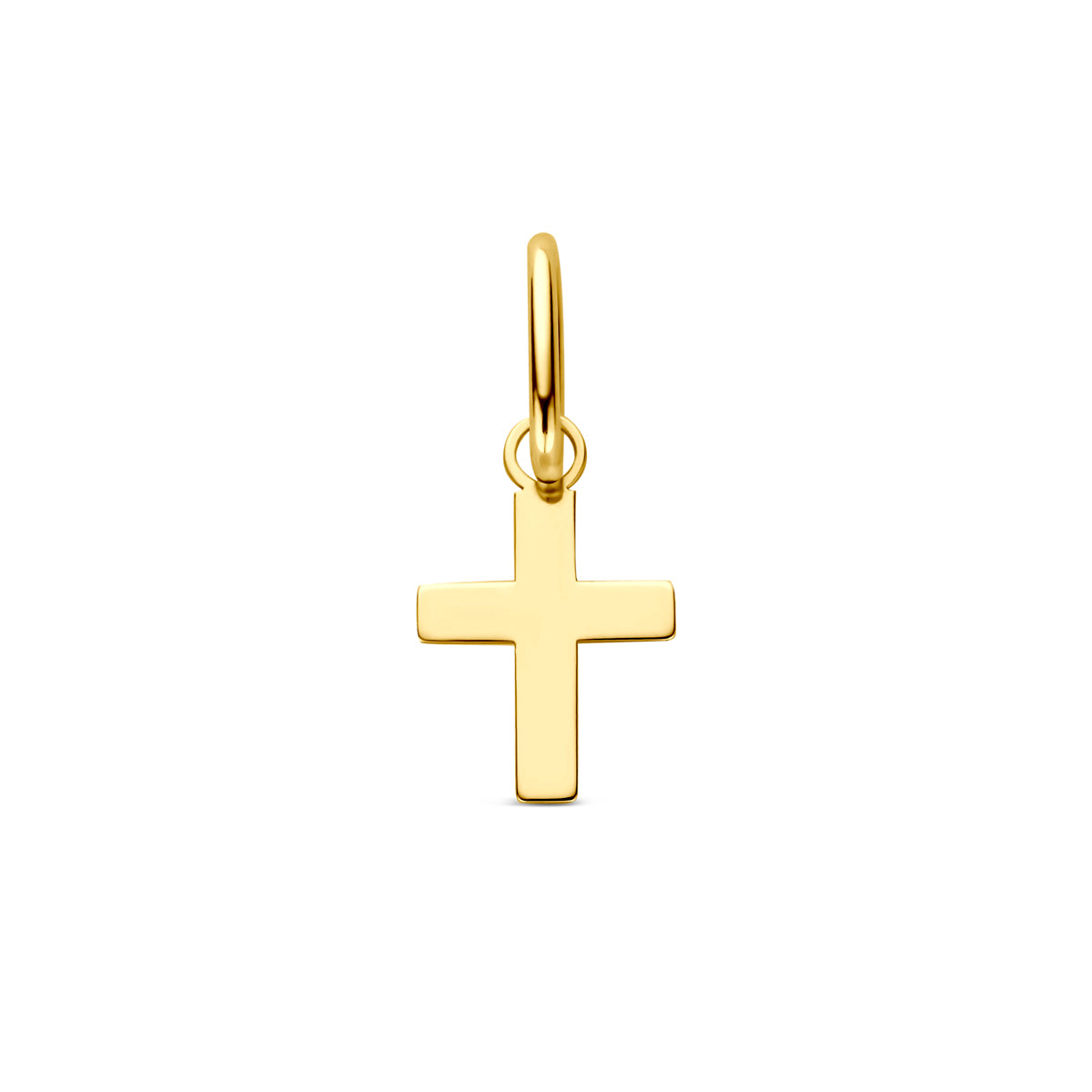 Vooraanzicht van de 14 karaat geelgouden kruis hanger, 12,5 mm hoog en 6 mm breed.
