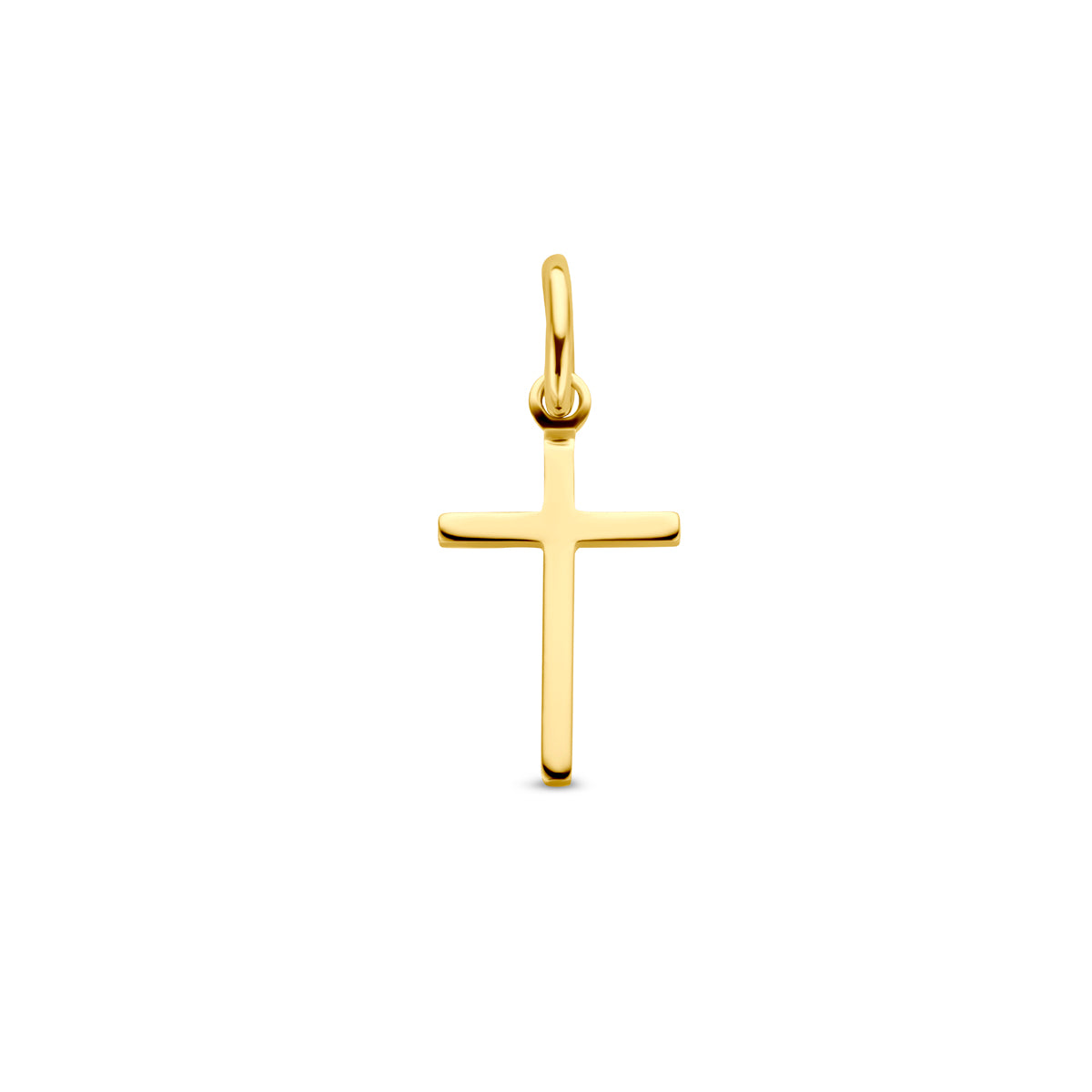 Vooraanzicht van de 14 karaat geelgouden kruisje hanger, 21 mm hoog en 9 mm breed.