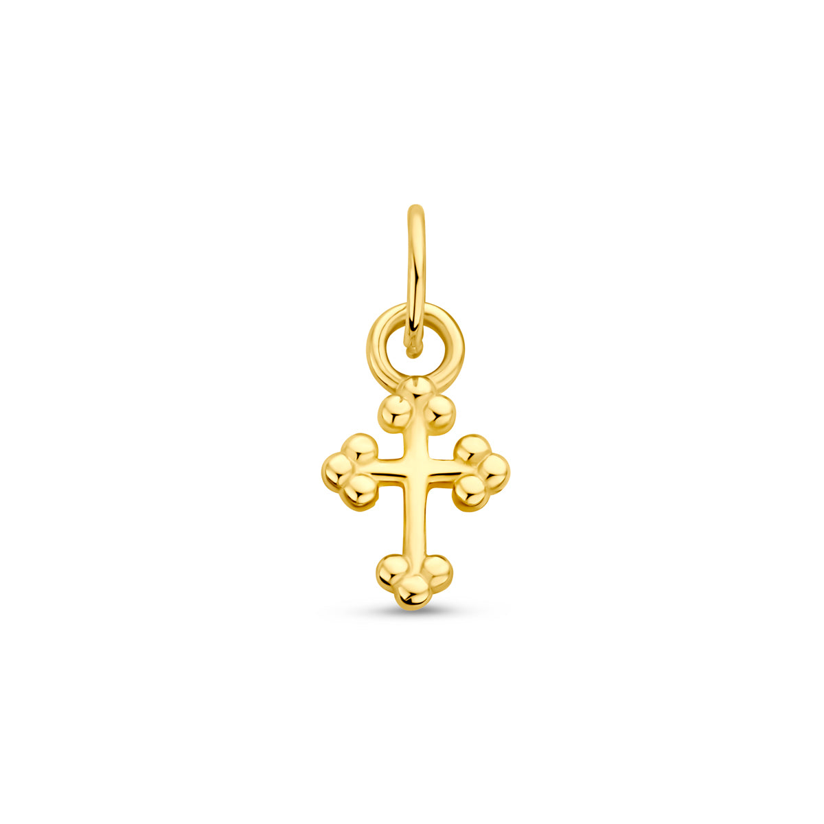 Vooraanzicht van de 14 karaat geelgouden kruisje hanger, 12 mm hoog en 5 mm breed.