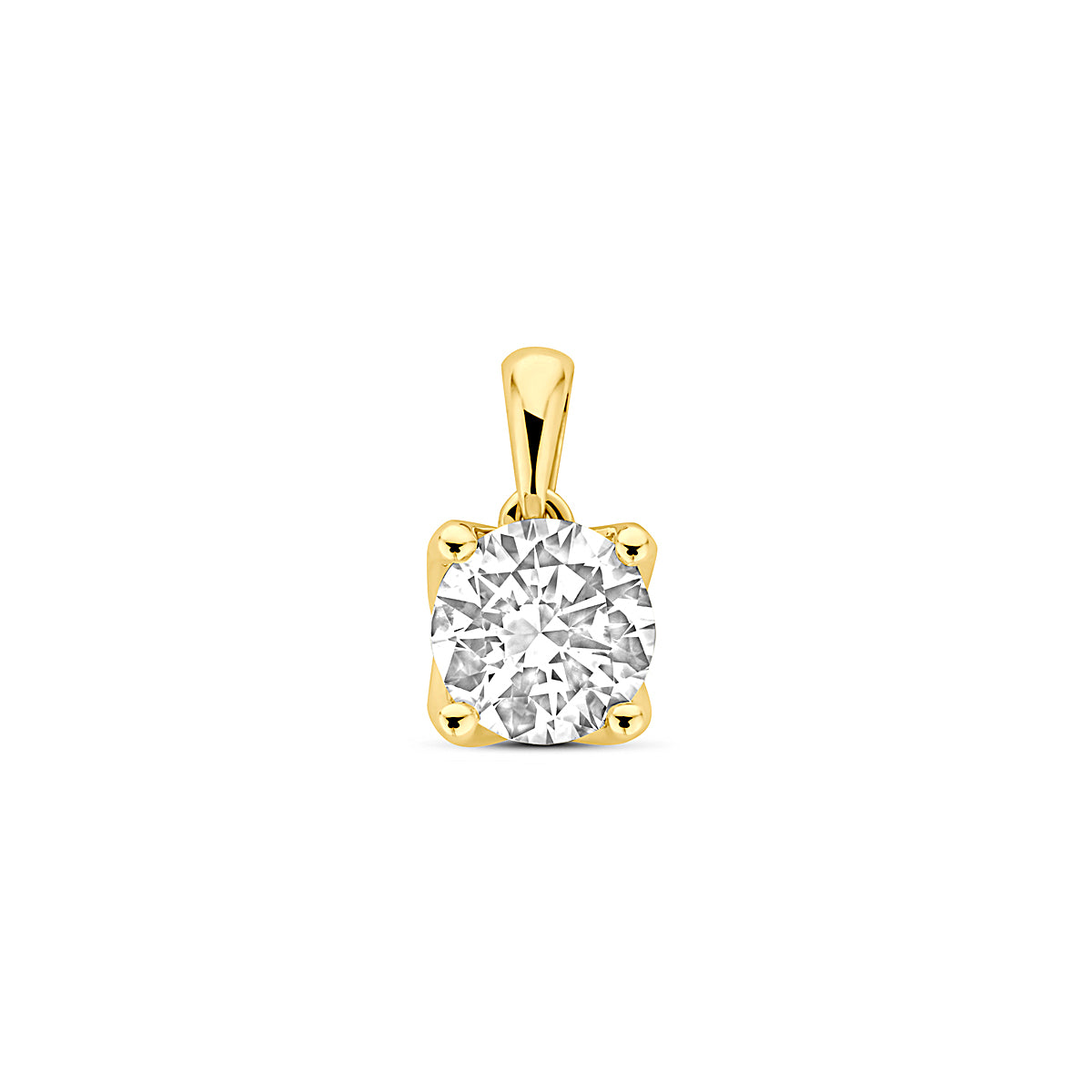 Vooraanzicht van de 14 karaat geelgouden lab grown diamant hanger 1,00 ct, 11 mm hoog en 6,5 mm breed.