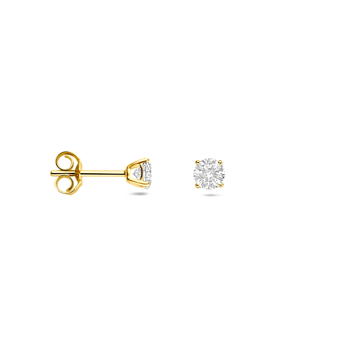 Zijaanzicht van de 14 karaat geelgouden lab grown diamant oorbellen 0,50 ct, zodat de diepte van het sieraad zichtbaar is.