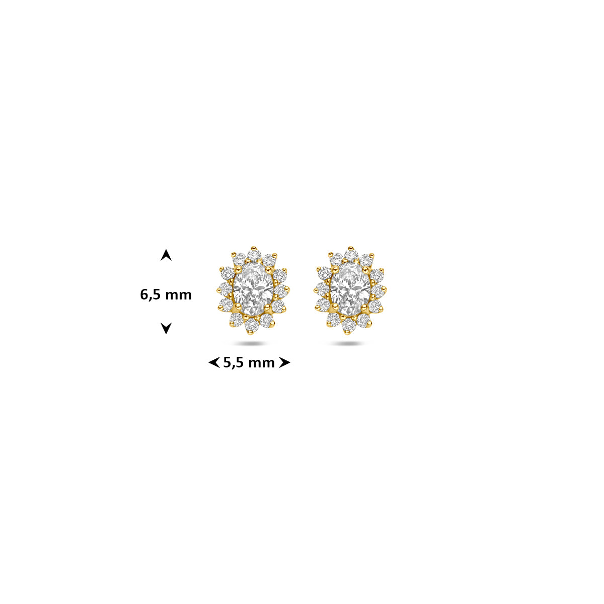 Technische afbeelding van de 14 karaat geelgouden lab grown diamant oorknopjes 0,43 ct met afmetingen, 6,5 mm hoog en 5,5 mm breed.