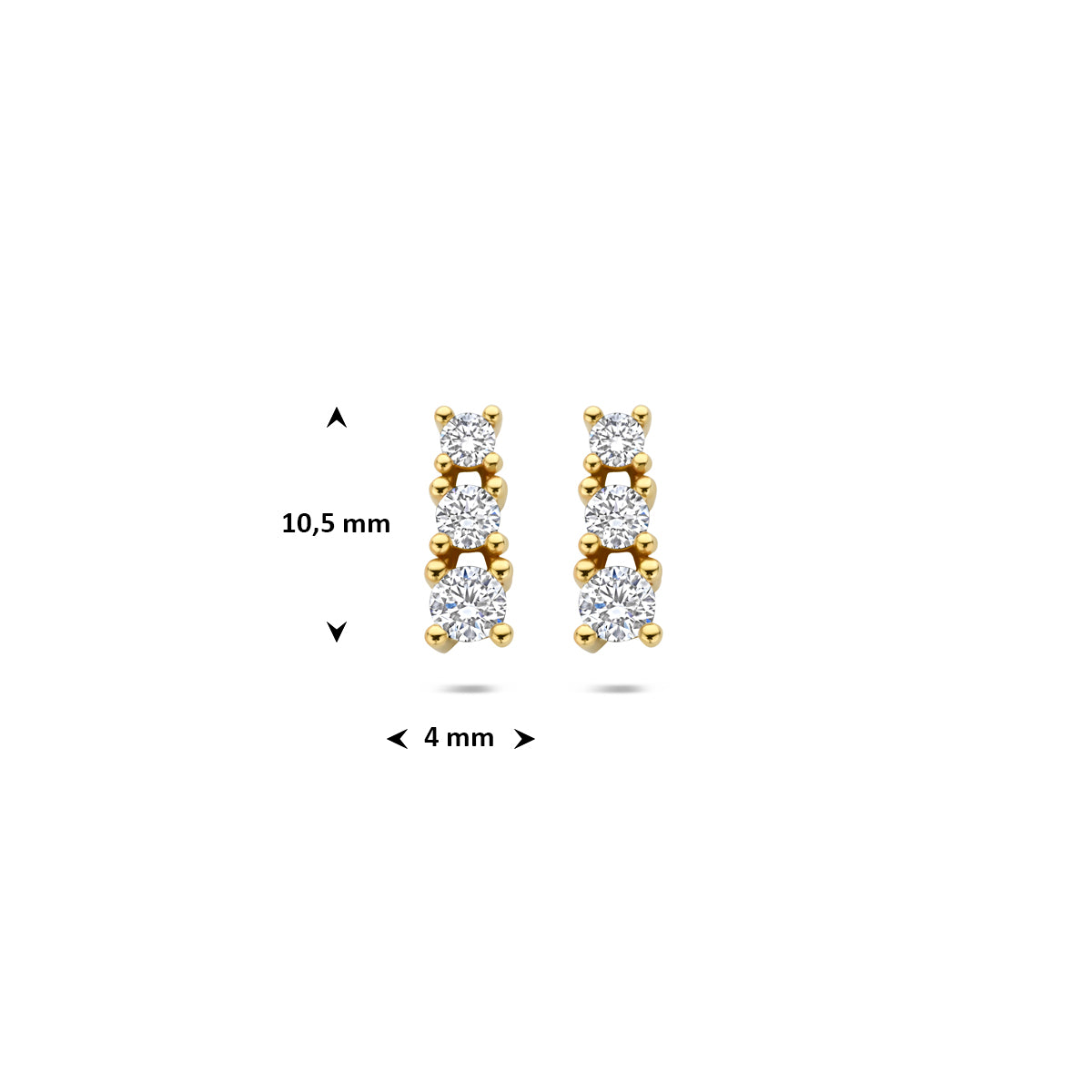 Technische afbeelding van de 14 karaat geelgouden lab grown diamant oorknopjes 0,50 ct met afmetingen, 10,5 mm hoog en 4 mm breed.