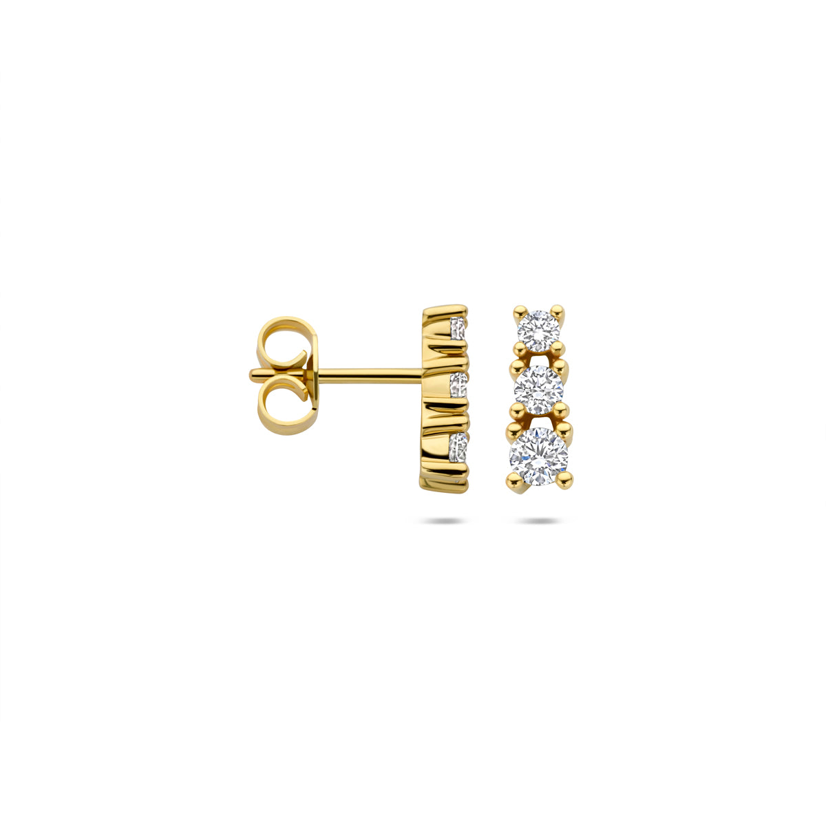 Zijaanzicht van de 14 karaat geelgouden lab grown diamant oorknopjes 0,50 ct, zodat de diepte van het sieraad zichtbaar is.
