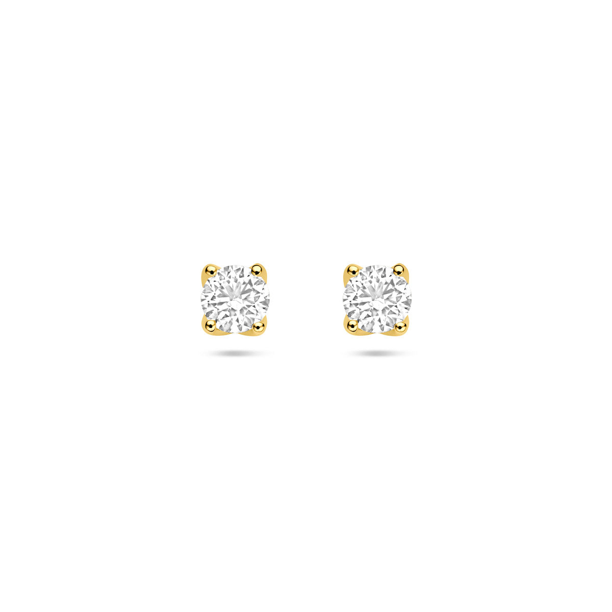 Vooraanzicht van de 14 karaat geelgouden lab grown diamant oorknopjes 1,00 ct, 5,5 mm doorsnede.