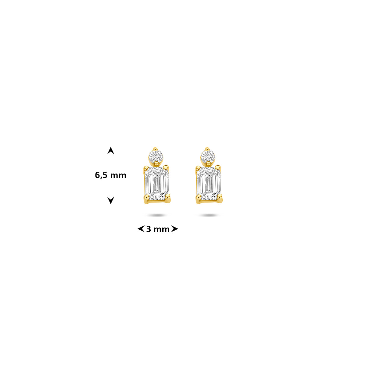Technische afbeelding van de 14 karaat geelgouden lab grown diamant oorknopjes emerald 0,32 ct met afmetingen, 6,5 mm hoog en 3 mm breed.