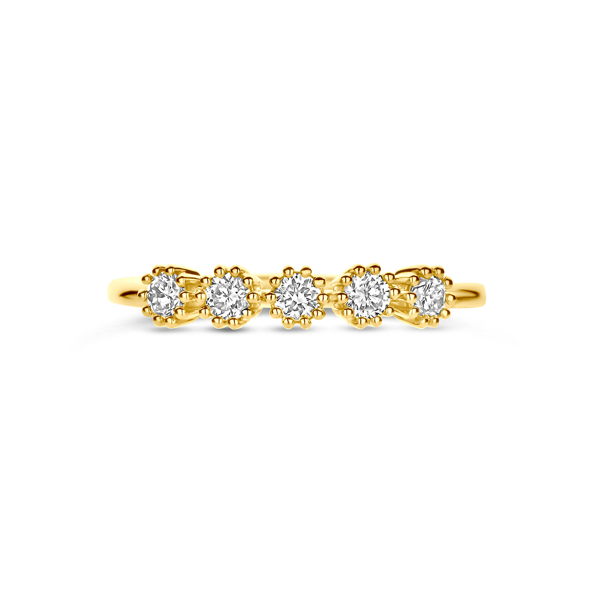 Lab grown ring: bovenaanzicht van de geelgouden ring met vijf lab grown diamanten van 14 karaat, 0,30 ct.