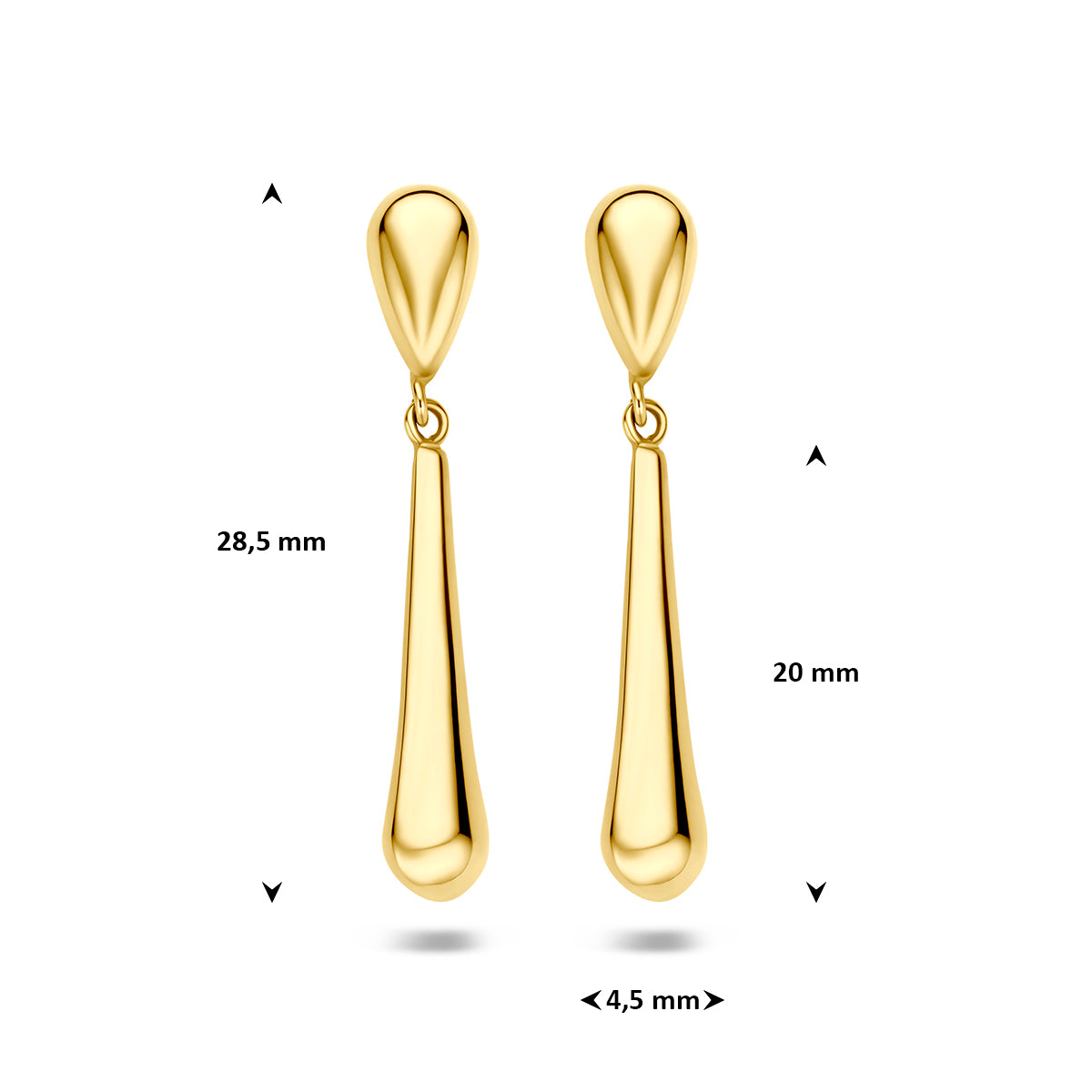 Druppel oorbellen: afmetingen van de 14 karaat geelgouden lange druppel oorhangers, 28,5 mm hoog en 4,5 mm breed.