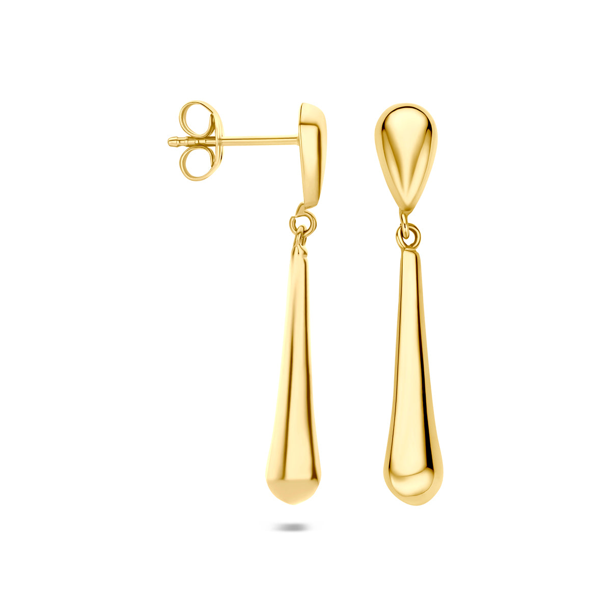 Druppel oorbellen: voor- en zijaanzicht van de 14 karaat geelgouden lange druppel oorhangers.