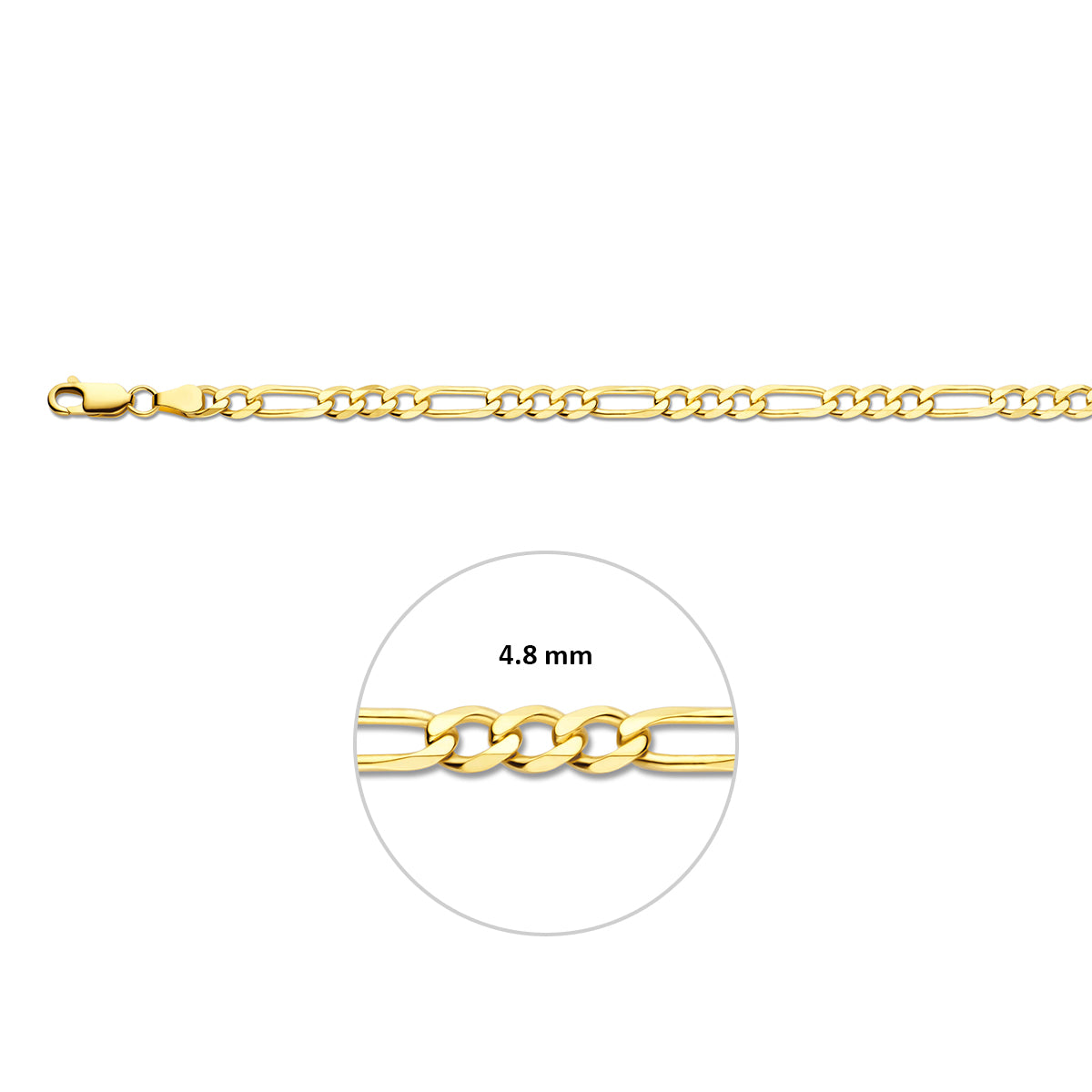 Gouden figaro armband: 14 karaat geelgouden massieve figaro armband, met de schakelbreedte van 4,8 mm aangegeven