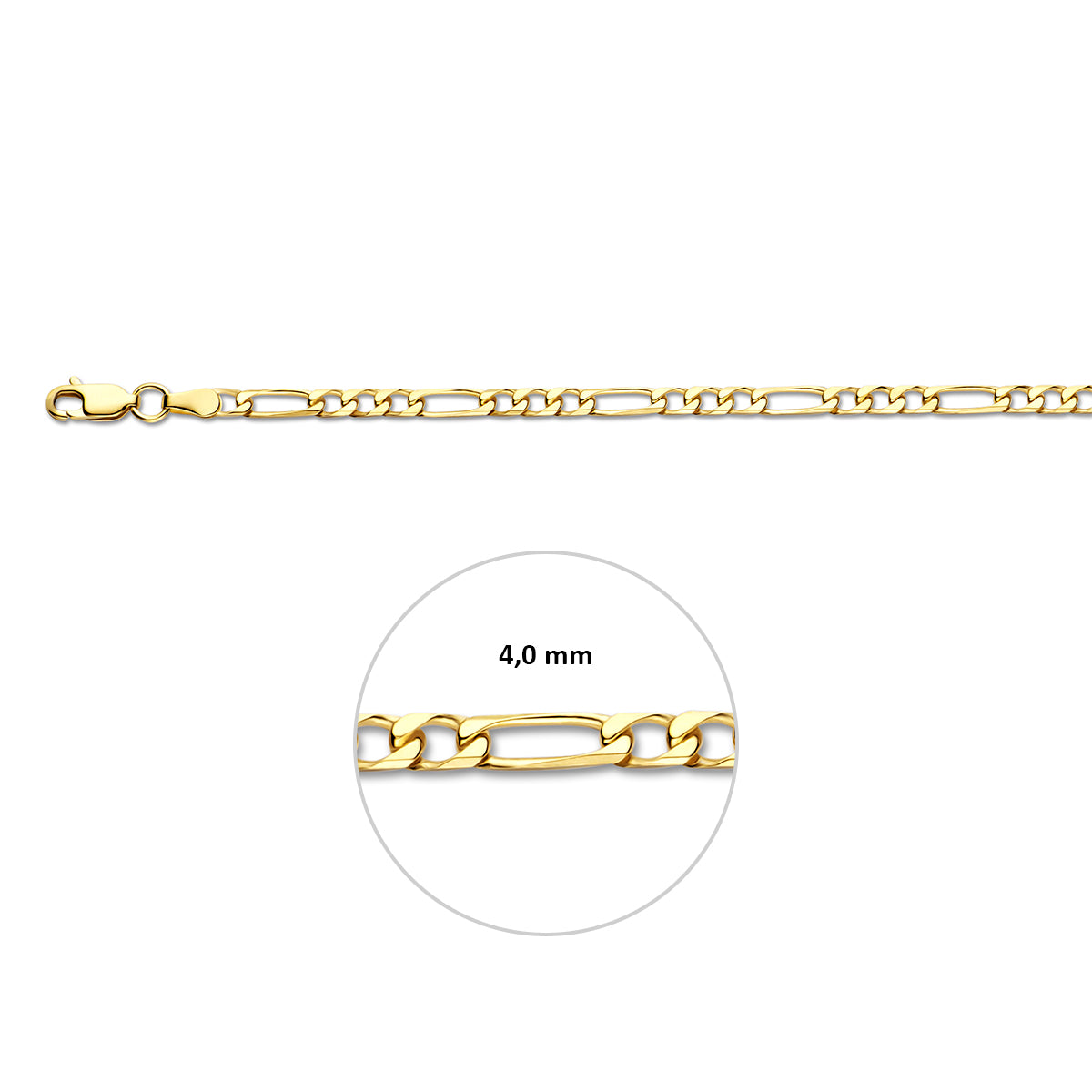 Figaro ketting heren: 14 karaat geelgouden massieve figaro halsketting, met de schakelbreedte van 4,0 mm aangegeven