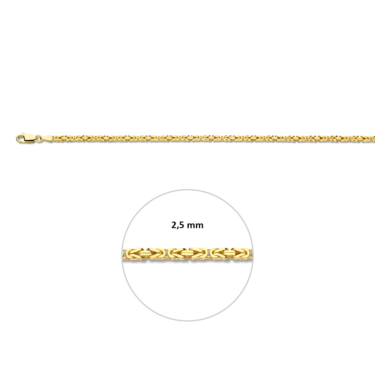 Koningsketting heren: 14 karaat geelgouden massieve koningsketting, met de schakelbreedte van 2,5 mm aangegeven