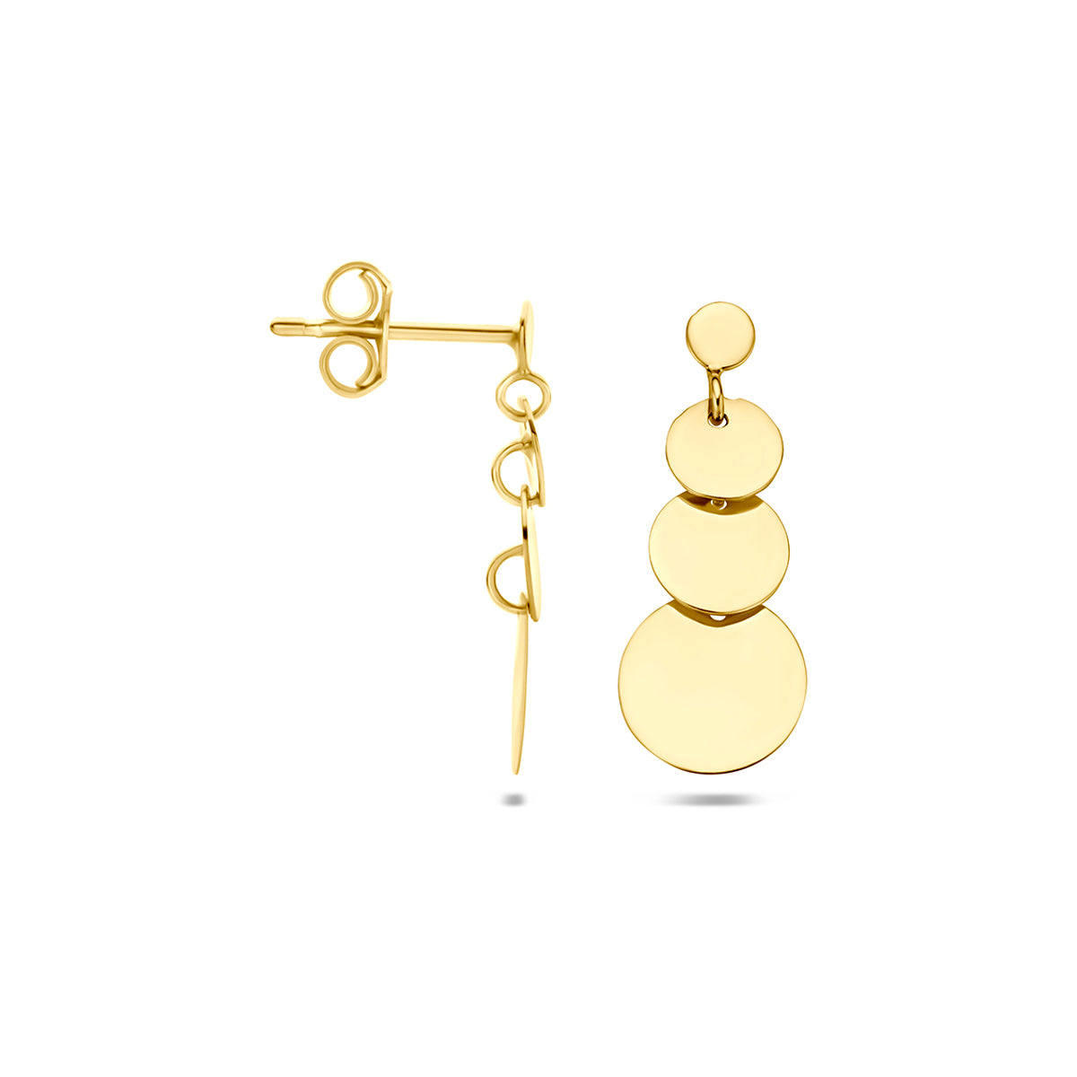 Gouden oorhangers: voor- en zijaanzicht van de 14 karaat geelgouden oorhangers met drie rondjes.